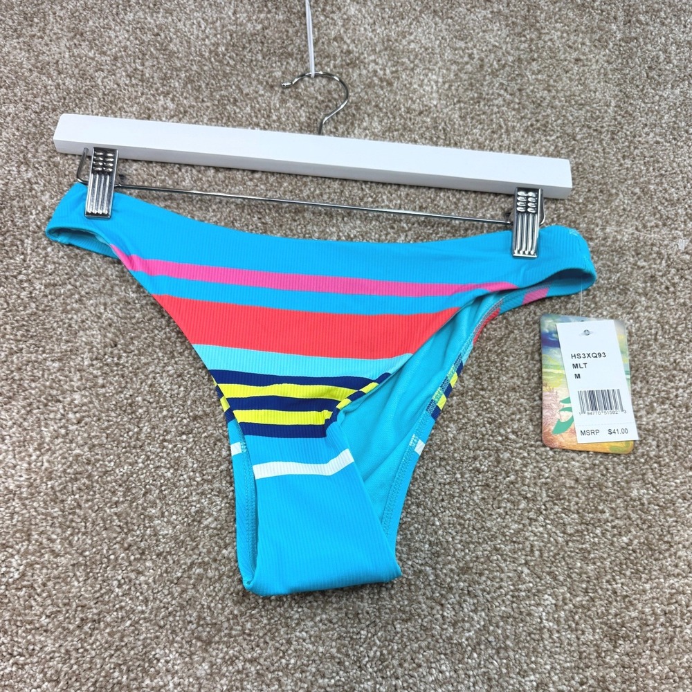 Hobie Womens Striped Ribbed High Leg Bikini Bottoms Blue Rainbow M NEW Swim